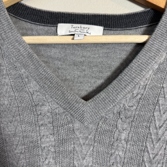NWOT Turnbury Merino Wool Cable Knit V-Neck Sweater Pullover Men's Large Gray - Picture 6 of 12
